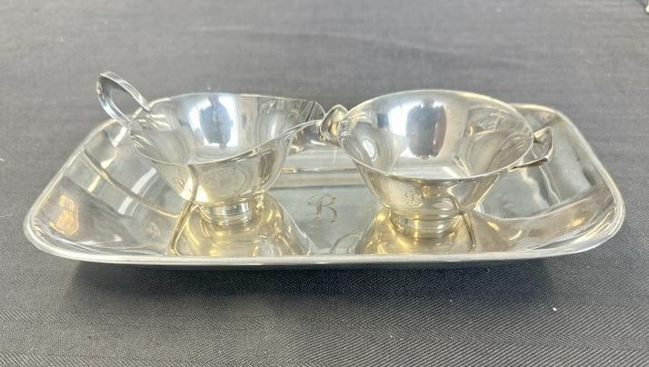 STERLING SILVER REED & BARTON sugar, creamer & tray, all with ( B ) monogram…..from fine estate in (1 of 6)