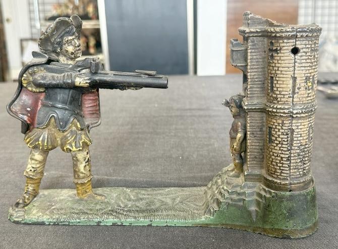 J & E Stevens William Tell cast iron mechanical bank, retains much of the original paint, I see no (1 of 7)