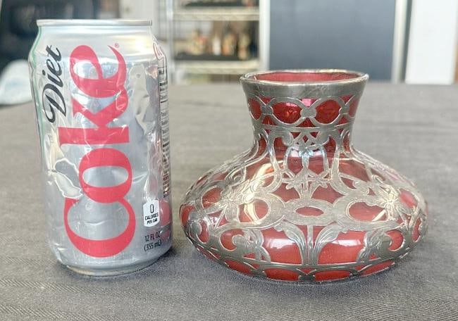Wonderful 19th c heavy STERLING SILVER overlay cranberry glass vase, no damage, from fine estate in: Wonderful 19th c heavy STERLING SILVER overlay cranberry glass vase, no damage, from fine estate in Hudson Valley, measures 4" high.