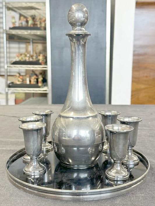 STERLING SILVER FISHER decanter & (6) weighted bottom goblets, nice overall condition, decanter (1 of 5)