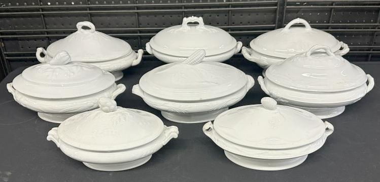 (8) IRONSTONE covered serving bowls, some with fruit finials, nice overall condition, from: (8) IRONSTONE covered serving bowls, some with fruit finials, nice overall condition, from Woodstock, N.Y. estate of old time antique dealer, nice overall condition.