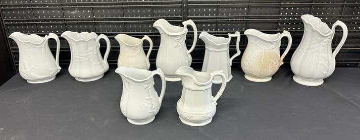 (9) IRONSTONE pitchers, nice overall estate condition, from Woodstock, N.Y. estate of old time: (9) IRONSTONE pitchers, nice overall estate condition, from Woodstock, N.Y. estate of old time antique dealer, to show scale the tallest measures 12" high.