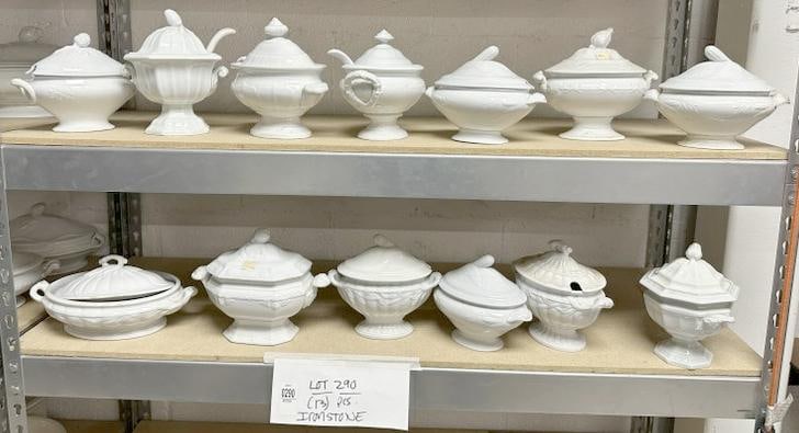 (13) IRONSTONE covered serving bowls, some with fruit snd vegetable finials, as we found them: (13) IRONSTONE covered serving bowls, some with fruit snd vegetable finials, as we found them condition, overall nice condition, from Woodstock, N.Y. estate of old time antique dealer….