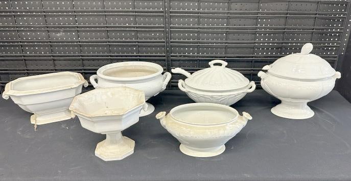 (6) IRONSTONE larger serving pieces, (3) have no lids, (2) with lids and ladles, from Woodstock,: (6) IRONSTONE larger serving pieces, (3) have no lids, (2) with lids and ladles, from Woodstock, N.Y. estate of old time antique dealer…..