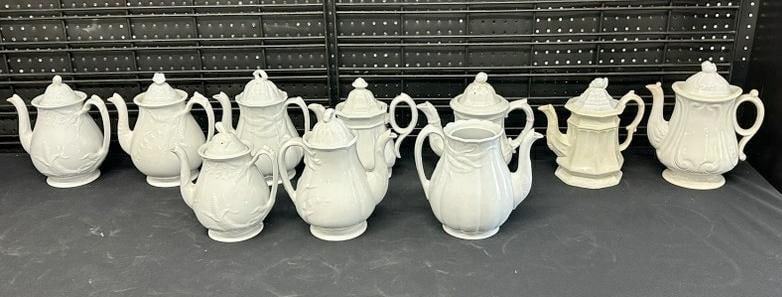 (10) IRONSTONE coffee pots, some with figural vegetable finials, (one has no lid ), from estate of: (10) IRONSTONE coffee pots, some with figural vegetable finials, (one has no lid ), from estate of old time antiques dealer in Woodstock, N.Y. Just as we found them.