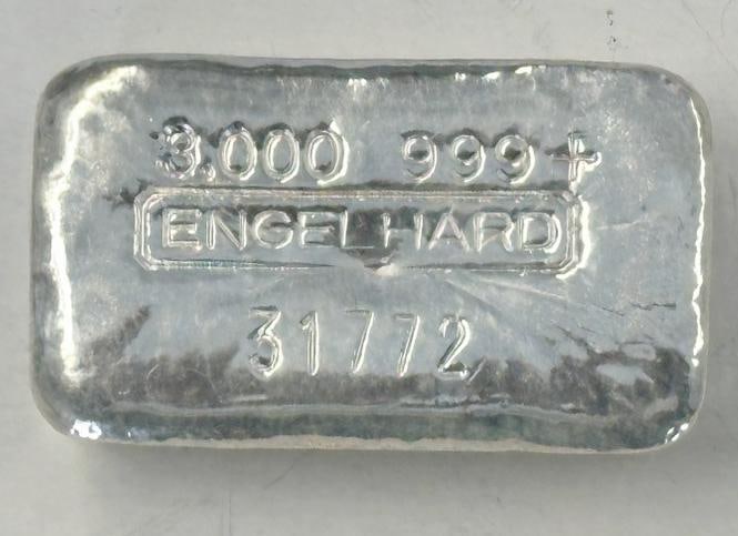 ENGELHARD 3.000 oz. 999+ siver bar, numbered ( 31772 ), from estate of gold, silver & jewelry we are (1 of 2)