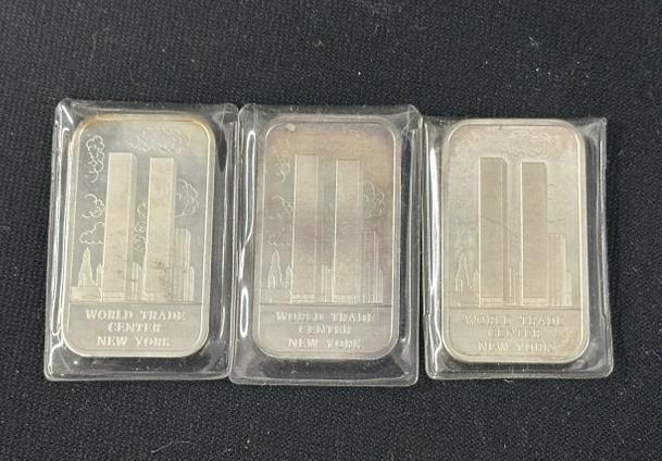 (3) one ounce .999 pure silver WORLD TRADE CENTER bars, distributed by MADISON MINT, from estate: (3) one ounce .999 pure silver WORLD TRADE CENTER bars, distributed by MADISON MINT, from estate collection of gold & silver we are selling.* PICTURE WILL BE BACK UP SOON, SORRY FOR INCONVENIENCE *