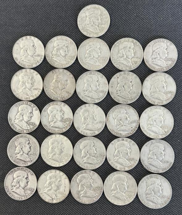 (26) silver FRANKLIN half dollars, from local estate collection of gold & silver we are selling. (1 of 2)