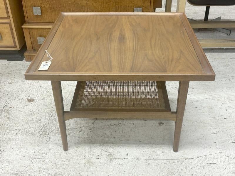 Mid Century Modern DREXEL walnut end table with caned bottom, very clean, original finish, from fine: Mid Century Modern DREXEL walnut end table with caned bottom, very clean, original finish, from fine home in Poughkeepsie, N.Y. It measures 30" x 30" x 20.5" high.