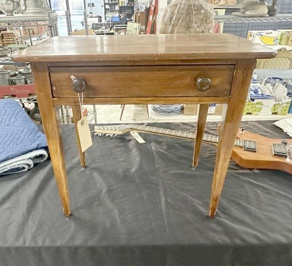 Diminutive country one drawer stand with tapered legs, pine, older finish, from estate in (1 of 1)