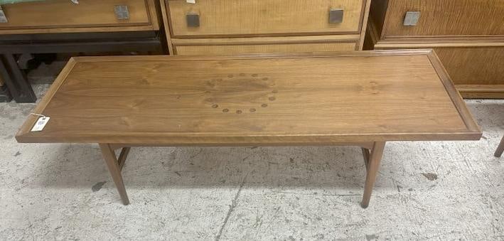 Mid Century Modern DREXEL walnut coffee table with inlaid circle pattern in center, very clean, from: Mid Century Modern DREXEL walnut coffee table with inlaid circle pattern in center, very clean, from fine estate in Poughkeepsie, N.Y. It measures 60" x 22" x 16" high.