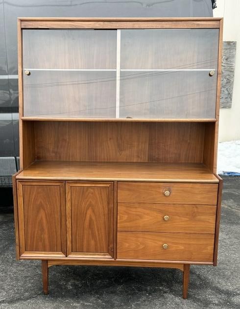 Mid Century Modern Kipp Stewart designed for Declaration by DREXEL walnut breakfront. Very clean, (1 of 3)