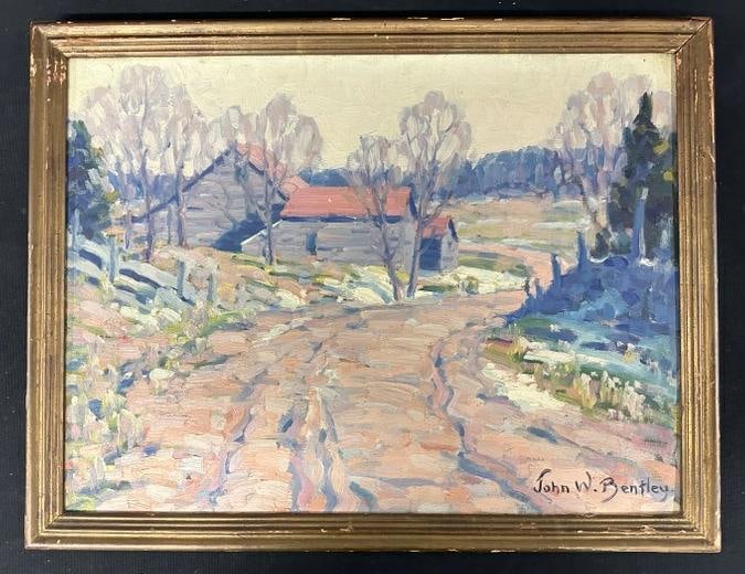 John W Bentley (1880-1951 ) impressionist o/b landscape, signed lower right, circa 1930's, fine: John W Bentley (1880-1951 ) impressionist o/b landscape, signed lower right, circa 1930's, fine condition, painting measures 12" x 16", the frame measures 13.5" x 17.5". The (3) John Bentley paintings
