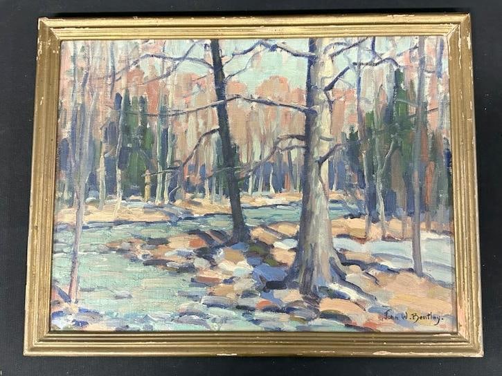John W. Bentley (188--1951 ) o/b landscape titled ( WINTER AFTERNOON ), circa 1930's, nice estate: John W. Bentley (188--1951 ) o/b landscape titled ( WINTER AFTERNOON ), circa 1930's, nice estate condition, painting measures 12" x 16", the frame measures 13.5" x 17.5". The (3) John Bentley paintin
