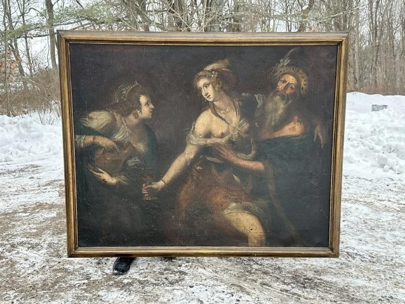Estate fresh Old Master o/c with (3) figures, in later frame, hanging in Hudson Valley estate for: Estate fresh Old Master o/c with (3) figures, in later frame, hanging in Hudson Valley estate for many years, till removed. Has some paint blemishes and some wear spots, painting measures 51" x 65.75"