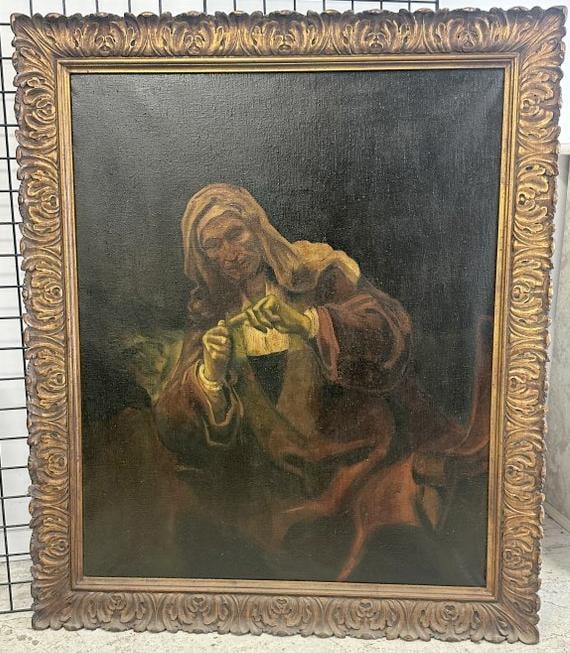 18th or early 19th c o/c after Rembrandt ( WOMAN CUTTING HER NAILS ), from old estate in Hudson: 18th or early 19th c o/c after Rembrandt ( WOMAN CUTTING HER NAILS ), from old estate in Hudson Valley, hanging in their home for may years till now….in fancy frame, no damage or repairs visible, pa