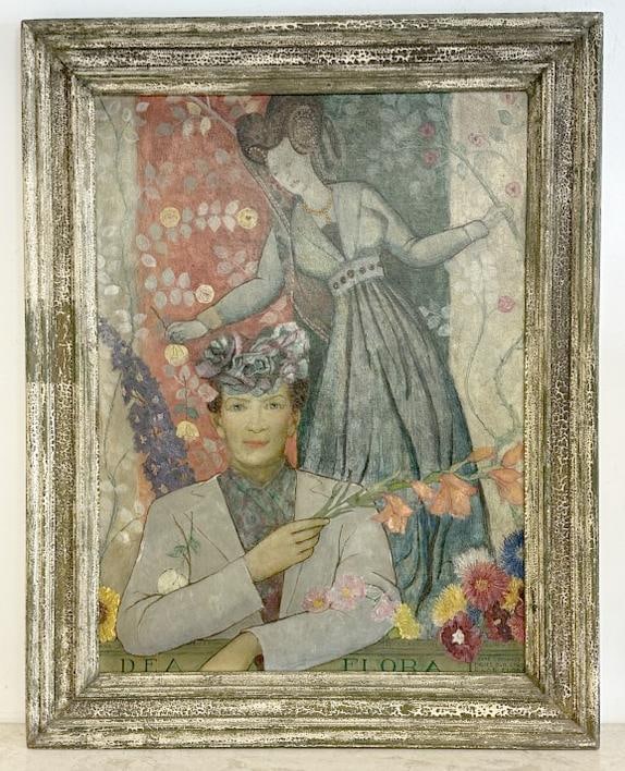 Franklin Zell Heuston (1880-1966 ) o/b of Woman in floral hat at Florist Shop with Woman behind her: Franklin Zell Heuston (1880-1966 ) o/b of Woman in floral hat at Florist Shop with Woman behind her holding flowers, signed lower left, dated in Roman Numerals ( 1947. In wonderful alligatored finish