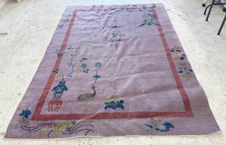 Circa 1910 Chinese handmade oriental rug, has small white spots you sometimes see on these, from: Circa 1910 Chinese handmade oriental rug, has small white spots you sometimes see on these, from fine estate in Hudson Valley, measures 103" x 70".