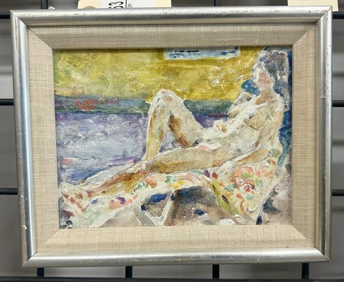 George Franklin Heuston (1906-2001) small o/b reclining nude Woman, painting measures 6.5" x 8",: George Franklin Heuston (1906-2001) small o/b reclining nude Woman, painting measures 6.5" x 8", This painting is directly from the Artist's estate, we are selling for his (81) year old grandson, they