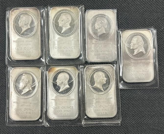 (7) one ounce fine silver Presidential bars, from ( MADISON MINT ), in plastic sleeves, includes, (1 of 3)