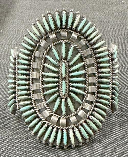 Native American sterling silver turquoise cuff bracelet, signed on back ( N & R NEZ ). From fine (1 of 7)