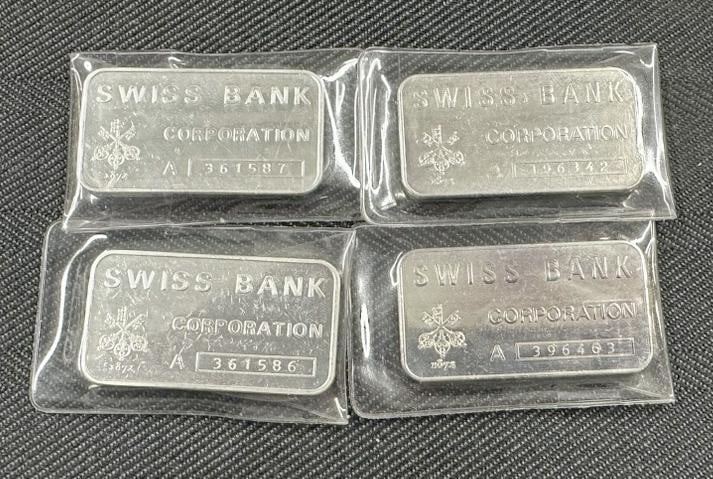 (4) one ounce 999 SWISS BANK silver bars, from estate collection we are selling, all in plastic: (4) one ounce 999 SWISS BANK silver bars, from estate collection we are selling, all in plastic sleeves…..