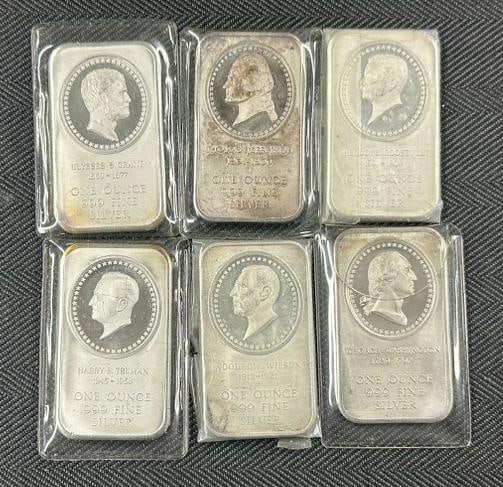 (6) one ounce 999 silver Presidential bars from MADISON MINT, includes THOMAS JEFFERSON, ULYSSES (1 of 2)