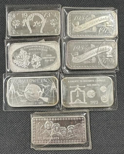 (7) one ounce fine silver 999 bars, all in plastic sleeves, includes CALIFORNIA GOLD DISCOVERY, (1 of 3)