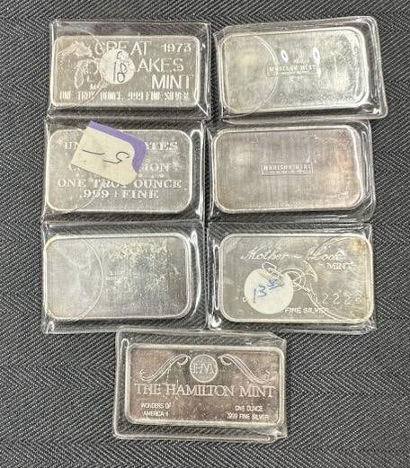 (7) one ounce fine silver 999 bars, all in plastic sleeves, includes CALIFORNIA GOLD DISCOVERY, - 2