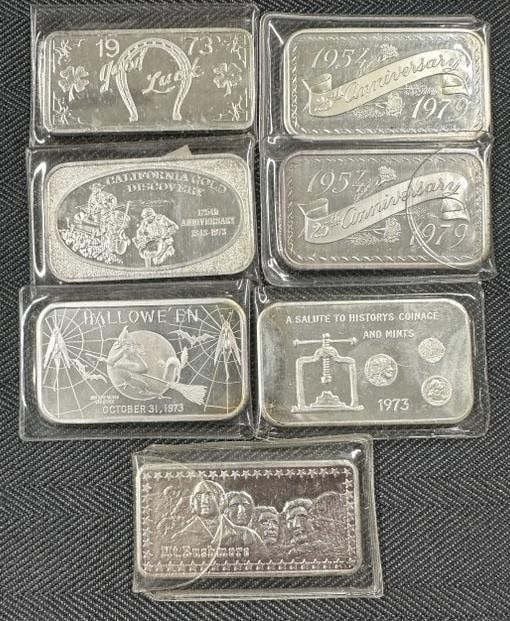 (7) one ounce fine silver 999 bars, all in plastic sleeves, includes CALIFORNIA GOLD DISCOVERY, - 3