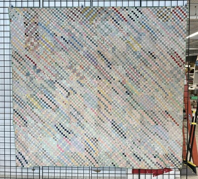 Wonderful antique hand stitched quilt, very busy squares pattern with solid green backing, from old (1 of 5)