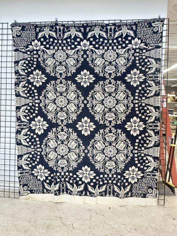 Magnificent Hudson Valley handmade coverlet, dated 1828, fine condition, from Hudson Valley estate,: Magnificent Hudson Valley handmade coverlet, dated 1828, fine condition, from Hudson Valley estate, was wrapped and packaged in cedar trunk, measures 96" x 76". Remarkable crisp colors, note taped to