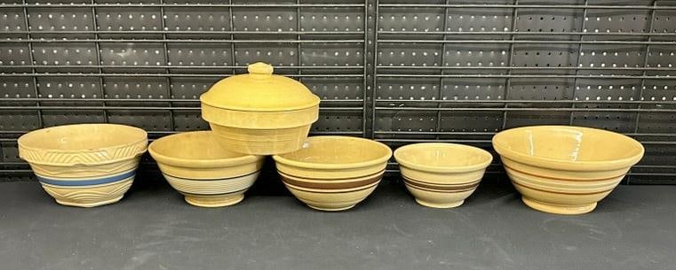 (6) pcs. Yellow ware bowls & a covered bowl with lid, from estate of old time antique dealer in the (1 of 8)