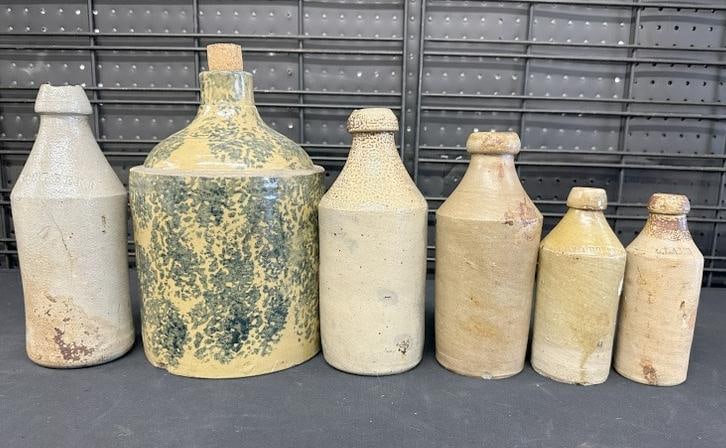 Estate stoneware lot with ROOT BEER bottles and sponge decorated jug, one ROOT BEER bottle has (1 of 6)