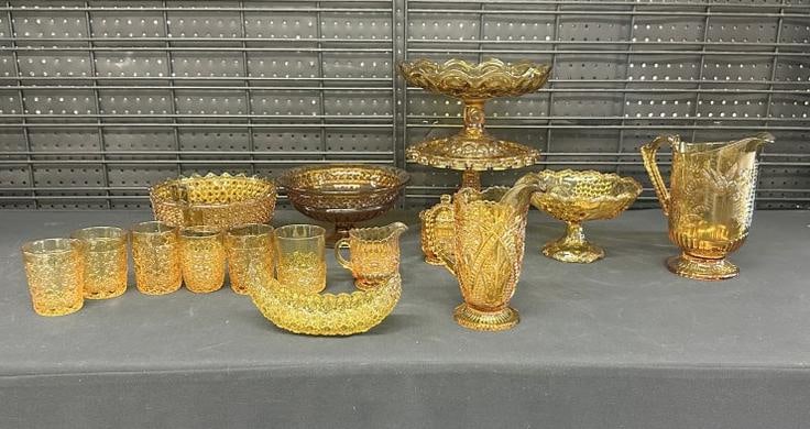 (16) pcs. Older AMBER glassware, from estate in Hudson Valley, very nice overall condition. Includes (1 of 11)