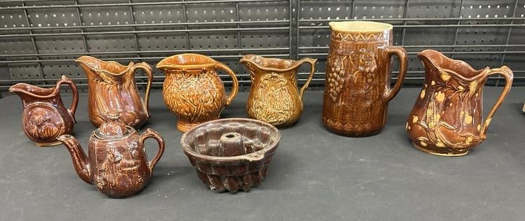 (8) pcs. Brown ceramics, a few Bennington possibly, overall nice condition, small chip on rim base (1 of 6)