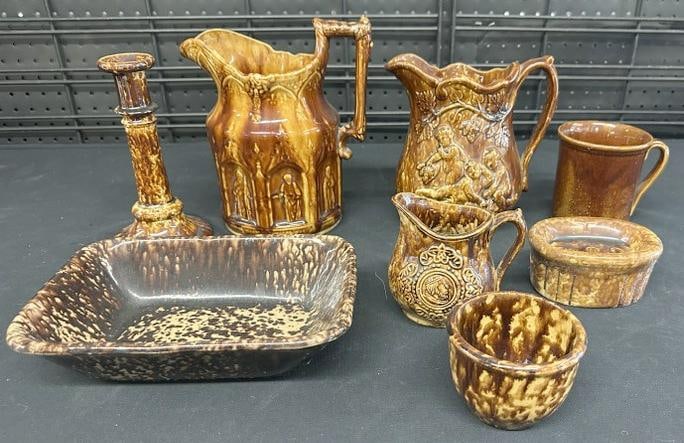 (8) pcs. Bennington or Rockingham brown pottery, overall nice condition, from Hudson Valley estate: (8) pcs. Bennington or Rockingham brown pottery, overall nice condition, from Hudson Valley estate of old time antique dealer….just as we found them.