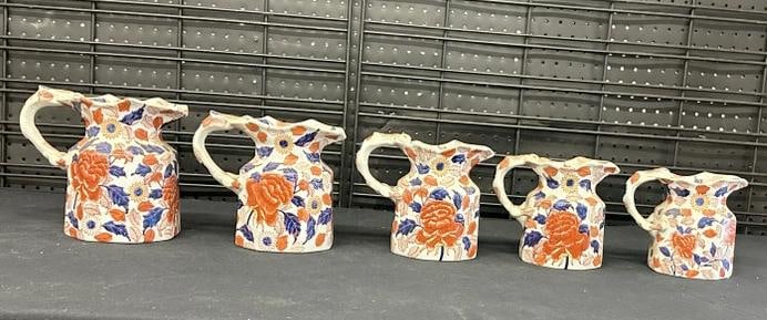 Graduated set of pitchers by Victoria Ironstone, nice condition, I see no damage, just some: Graduated set of pitchers by Victoria Ironstone, nice condition, I see no damage, just some dust…..from Hudson Valley estate of old time antique dealer…..tallest measures 7.5" to show scale.