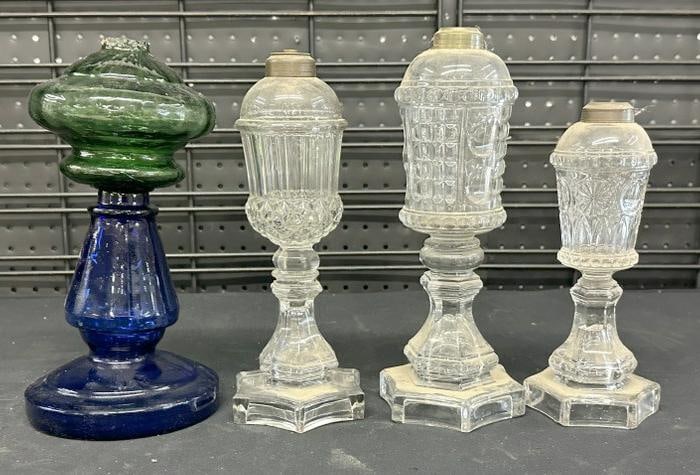 Estate lot (4) early oil lamps, including (3) sandwich glass, from local estate in Hudson Valley of (1 of 6)