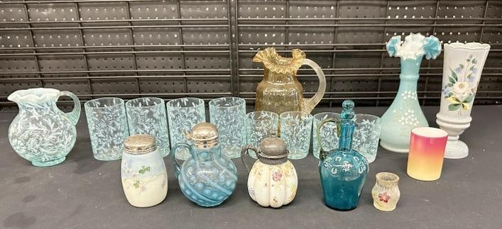 Estate lot of early glasswares, including pitchers, glasses, vases, syrup dispensers, etc. Good (1 of 10)