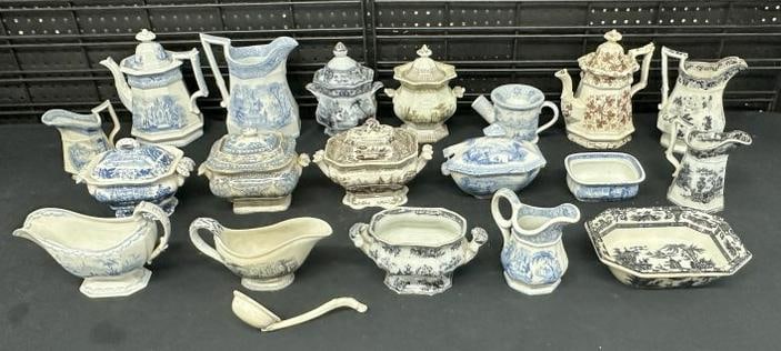 Big estate lot early transferware, teapots, pitchers, covered dishes, covered serving pieces, gravy (1 of 12)