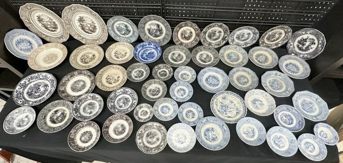 (50) pcs. Early transferware dishes, different sizes, different patterns, some matching and: (50) pcs. Early transferware dishes, different sizes, different patterns, some matching and multiples of same patterns….great lot for a dealer to sort out, from Hudson Valley estate of old time anti