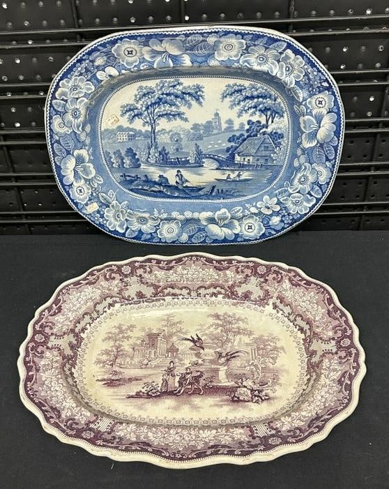 (2) early transferware platters in nice estate condition, including WILD ROSE blue & white platter (1 of 4)