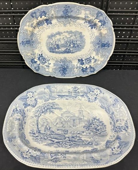 (2) large early transferware platters including a ITALIAN SCENERY meat platterthat measures 20.75" (1 of 4)