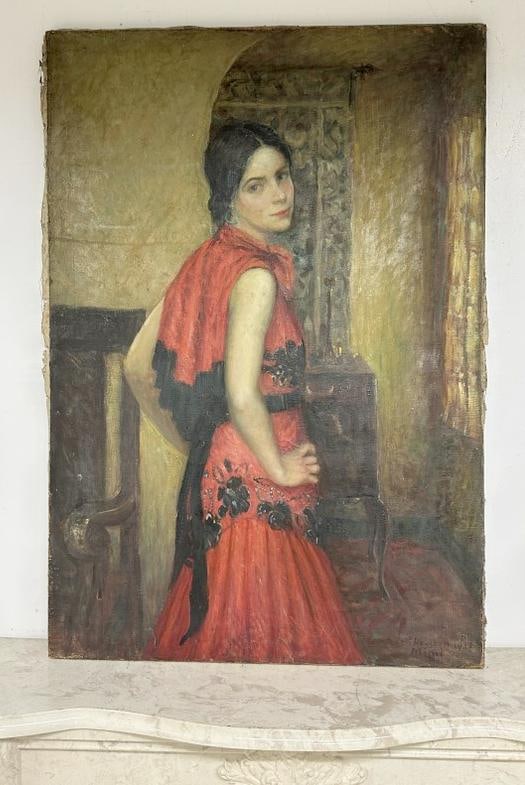 Franklin Zell Heuston (1880-1966 ) o/c portrait of pretty Woman in red dress, dated aand signed: Franklin Zell Heuston (1880-1966 ) o/c portrait of pretty Woman in red dress, dated aand signed lower right (1932 ), painting is coming off stretcher in a few places, small tear, just as we found it,