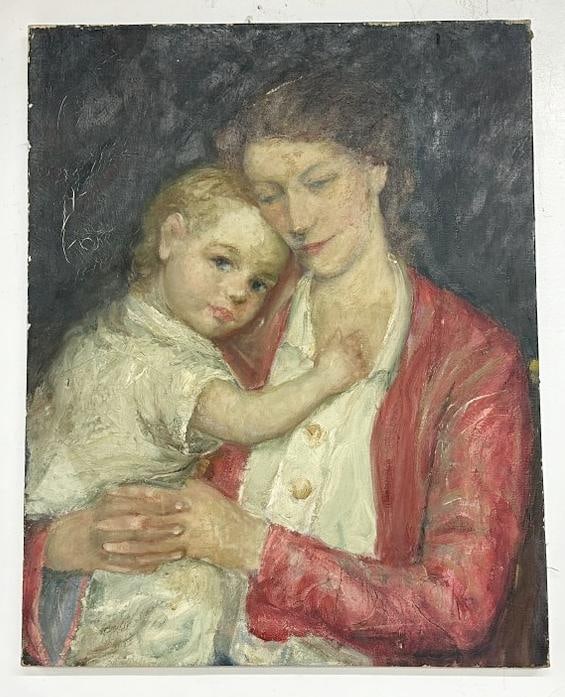 Franklin Zell Heuston (1880-1966 ) o/c portrait of Woman and young child, some paint crackling,: Franklin Zell Heuston (1880-1966 ) o/c portrait of Woman and young child, some paint crackling, circa 1930's or 40's....painting measures 28" x 22". This painting is directly from the Artist's estate,