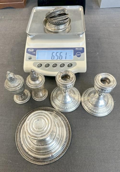 Estate lot of STERLING SILVER from local estate, includes weighted items and non weighted items,: Estate lot of STERLING SILVER from local estate, includes weighted items and non weighted items, includes pair of weighted salt & pepper shakers, pair weighted bottom candlesticks, and weighted bottom