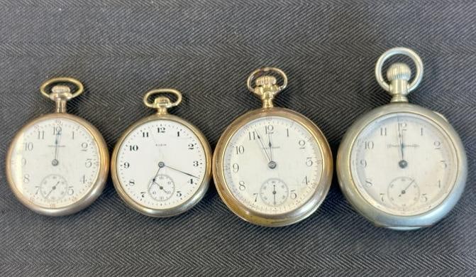 (4) open face men's pocketwatches from local estate, all gold filled and (1) silveroid, not running, (1 of 5)