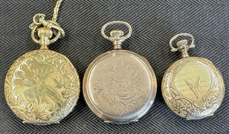 (3) hunting case ladies gold filled pocket watches, not running, from estate in Poughkeepsie, N.Y. (1 of 7)