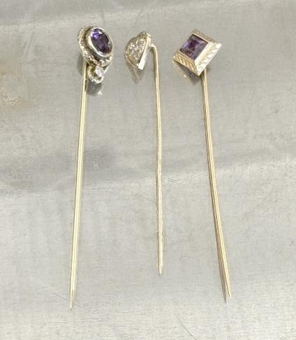 14K (3) older stick pins ( one with amethyst, one with amethyst & diamond, and heart shaped with (1 of 5)